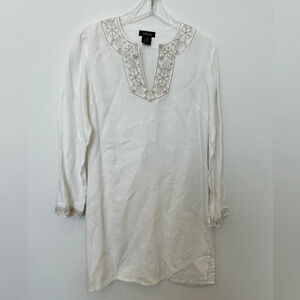WilliSmith 100% Linen White Embroidered Tunic Top/Swimsuit coverup Size M